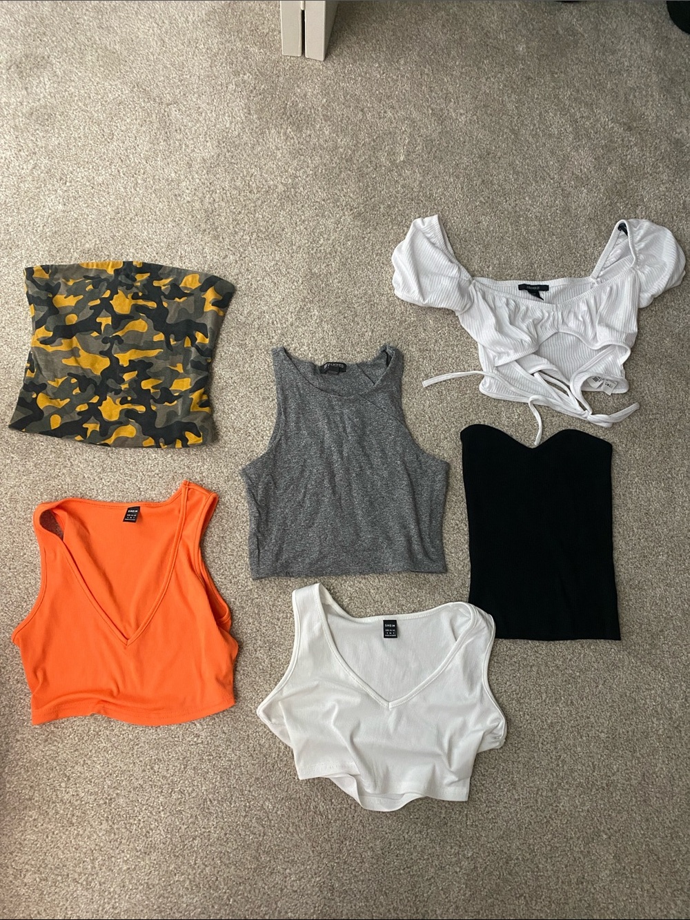 6 Women’s Crop Tops Pack - White, Black, Gray, Orange, Camo